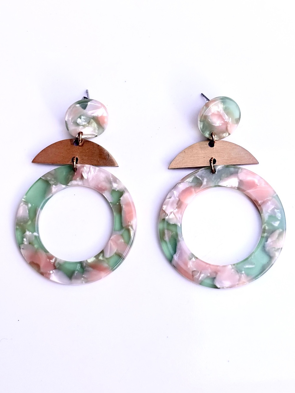France Marbled Green Pink Resin Brass Geometric Dangle Earrings
